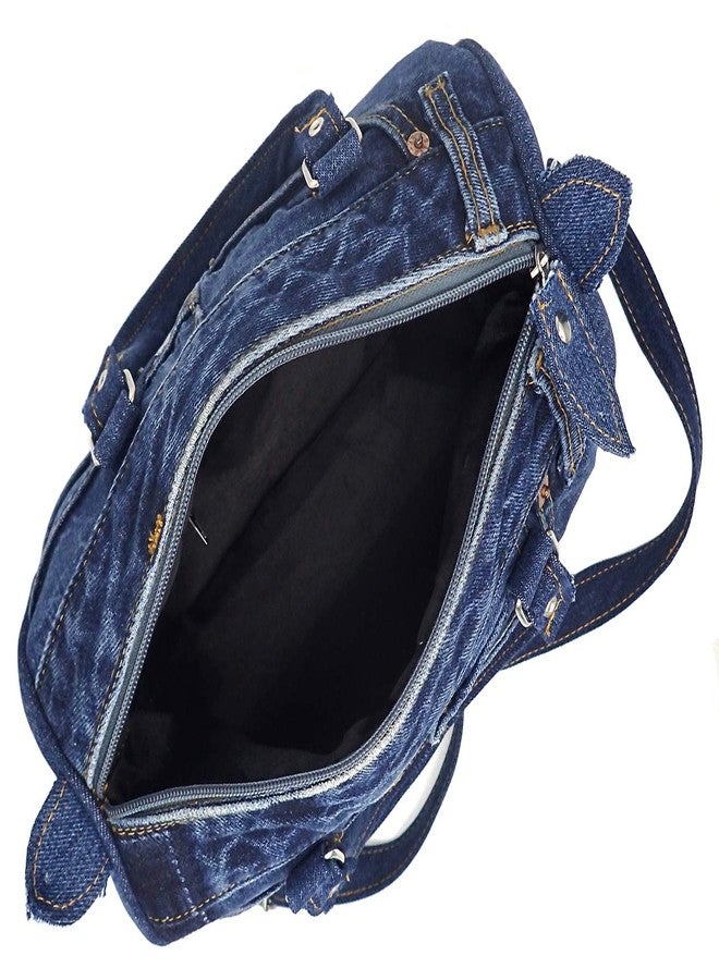 Bijoux De Ja Women Up-cycled Denim Jeans Satchel Handbag Boston Bag Top Handle Shoulder Purse with Adjustable Strap LL-04 (Dark Shade) - Image 4