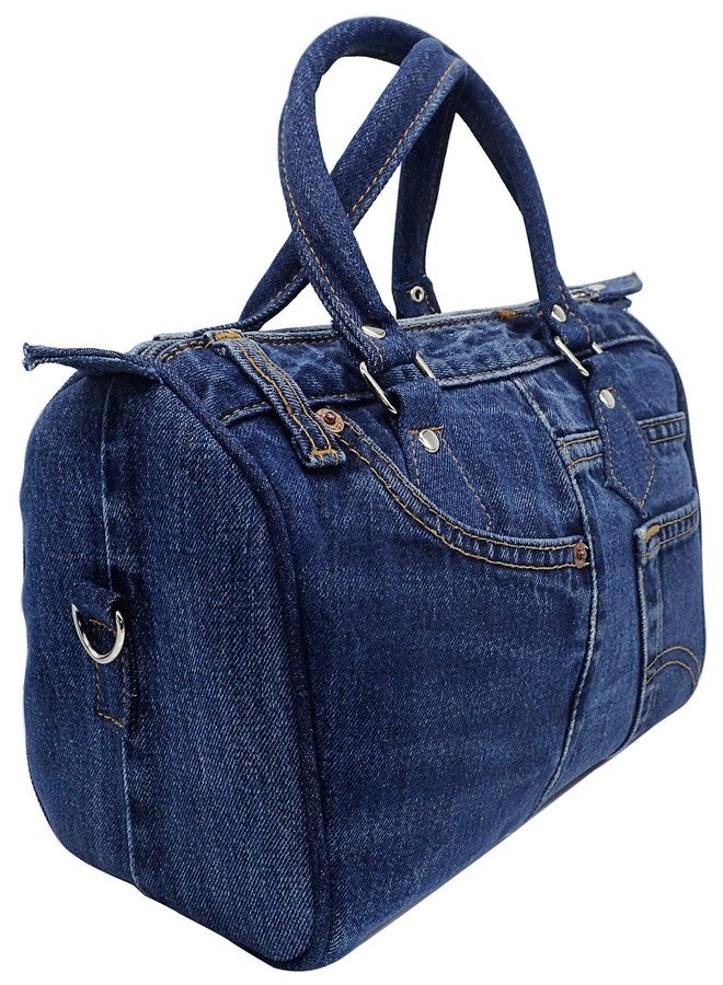 Bijoux De Ja Women Up-cycled Denim Jeans Satchel Handbag Boston Bag Top Handle Shoulder Purse with Adjustable Strap LL-04 (Dark Shade) - Image 3