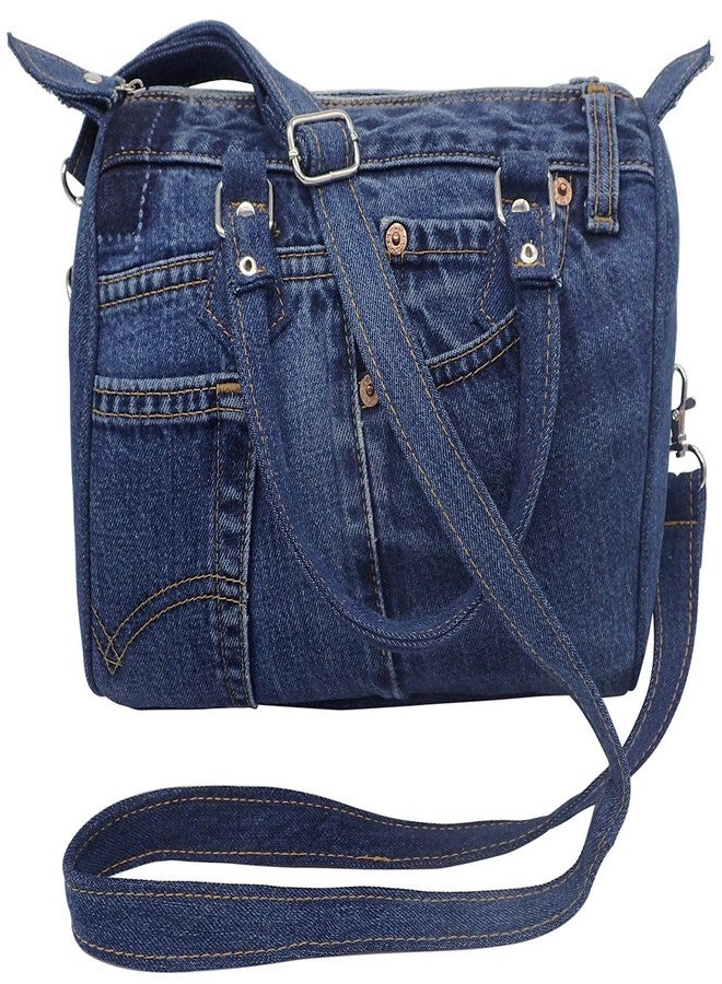Bijoux De Ja Women Up-cycled Denim Jeans Satchel Handbag Boston Bag Top Handle Shoulder Purse with Adjustable Strap LL-04 (Dark Shade) - Image 2