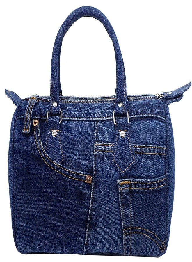 Bijoux De Ja Women Up-cycled Denim Jeans Satchel Handbag Boston Bag Top Handle Shoulder Purse with Adjustable Strap LL-04 (Dark Shade) - Image 1