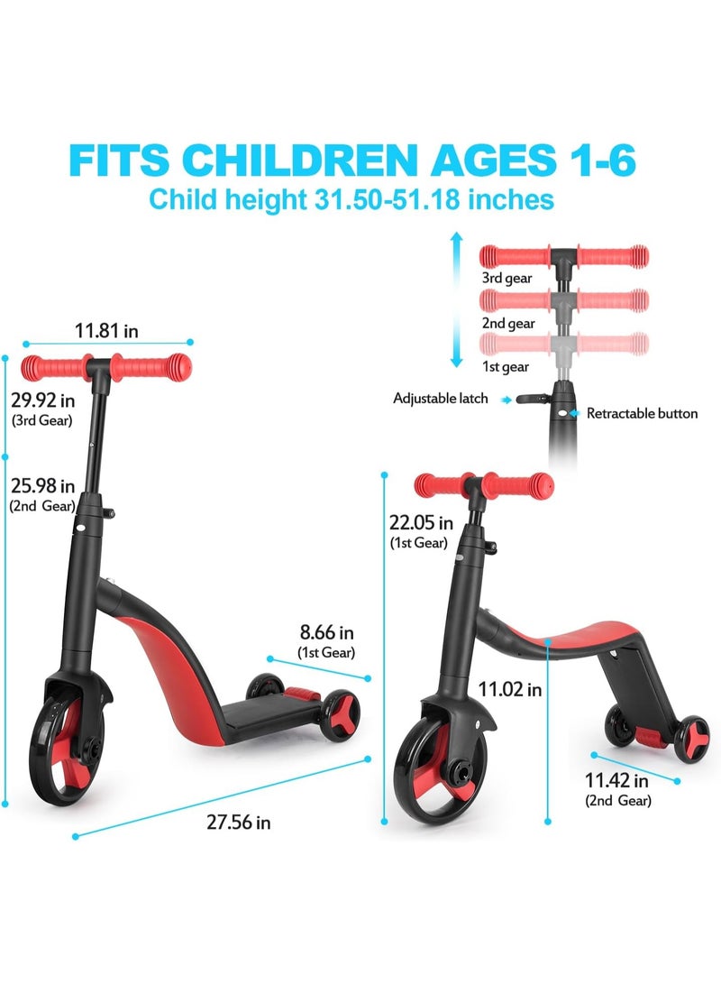 3-in-1 Kids Ride – Convertible Scooter, Tricycle & Balance Bike for Ages 2–6 | Red | Fun, Safe & Adjustable 3-Wheel Design