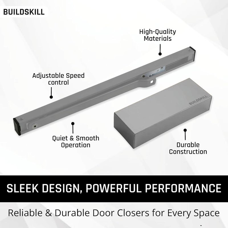 BUILDSKILL جهاز إغلاق الأبواب الهيدروليكي Buildskill مع ذراع بيلميت غطاء PVD لجهاز إغلاق الأبواب للأبواب الخشبية والألمنيوم والمعادن جهاز إغلاق أبواب أوتوماتيكي للمنزل مثبت باب قابل للتعديل السرعة 85 كجم كروم عبوة من 1 - Image 3