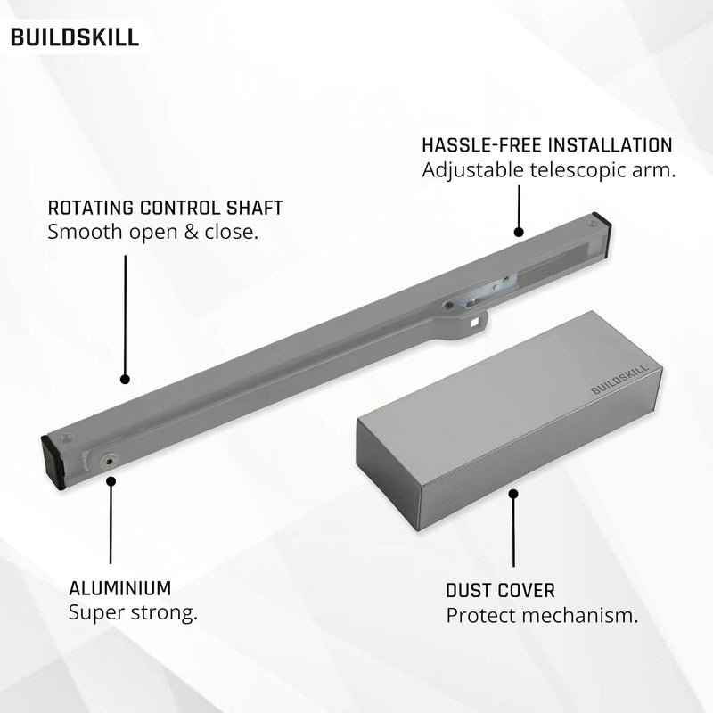 BUILDSKILL جهاز إغلاق الأبواب الهيدروليكي Buildskill مع ذراع بيلميت غطاء PVD لجهاز إغلاق الأبواب للأبواب الخشبية والألمنيوم والمعادن جهاز إغلاق أبواب أوتوماتيكي للمنزل مثبت باب قابل للتعديل السرعة 85 كجم كروم عبوة من 1 - Image 2