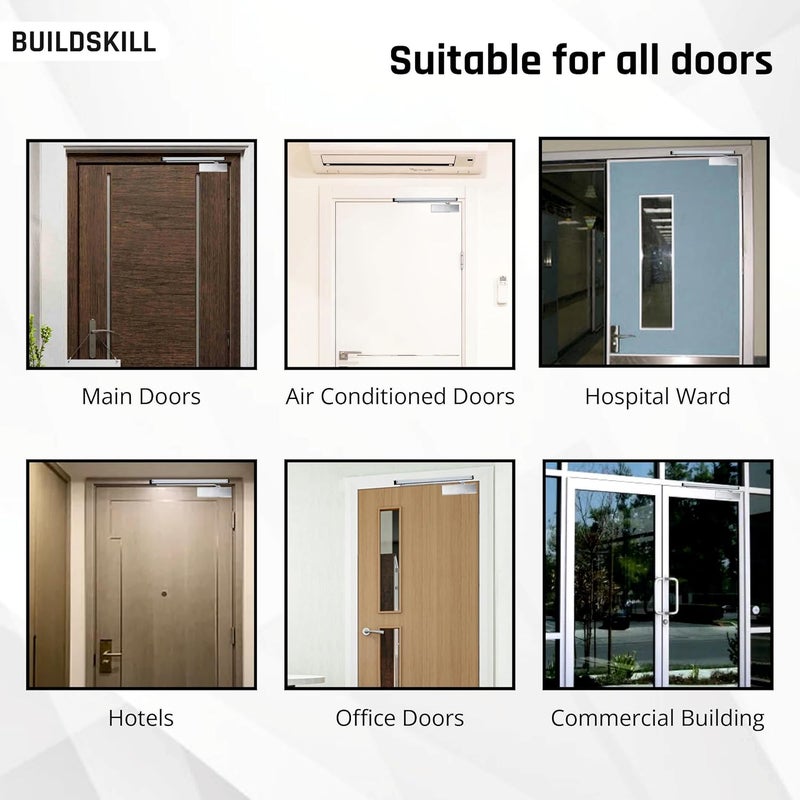 BUILDSKILL جهاز إغلاق الأبواب الهيدروليكي Buildskill مع ذراع بيلميت غطاء PVD لجهاز إغلاق الأبواب للأبواب الخشبية والألمنيوم والمعادن جهاز إغلاق أبواب أوتوماتيكي للمنزل مثبت باب قابل للتعديل السرعة 85 كجم كروم عبوة من 1 - Image 5