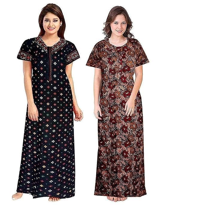 Vlazom Women's Pure Cotton Rajasthani Nighty & Jaipuri Maxi Gown – Pack of 2, Soft & Breathable Sleepwear (Blue&Brown, Free Size) - Image 1