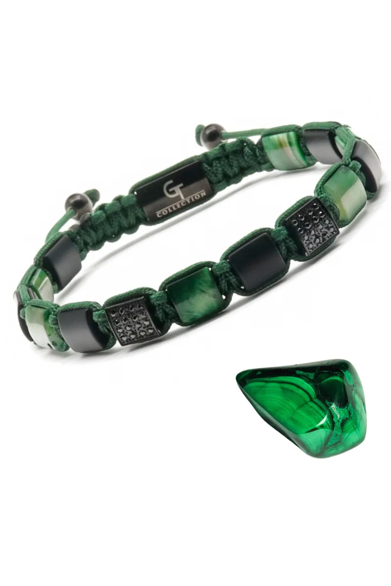 لونورا خرز عين النمر الأخضر والعقيق الأسود المسطح سوار خرز من الحجر الطبيعي مصنوع يدويًا – سوار للرجال، سوار رجالي، هدية للرجال، أساور للرجال – قابل للتعديل بمقاس واحد للجميع