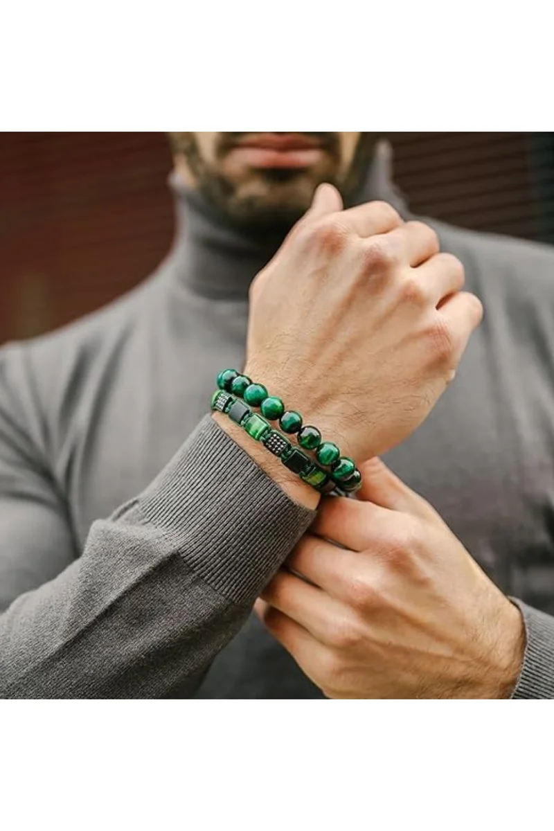 لونورا خرز عين النمر الأخضر والعقيق الأسود المسطح سوار خرز من الحجر الطبيعي مصنوع يدويًا – سوار للرجال، سوار رجالي، هدية للرجال، أساور للرجال – قابل للتعديل بمقاس واحد للجميع