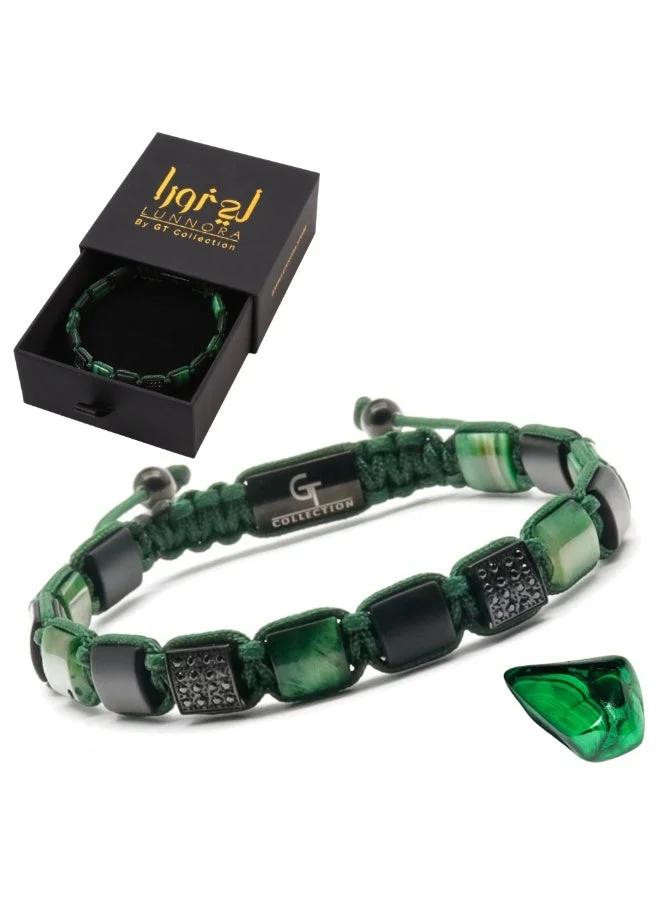 Lunnora Green Tiger Eye & Black Onyx Flat Beads Handmade Natural Stone Bead Bracelet – Bracelet for Men, Men’s Bracelet, Gifts for Men, Bracelets for Men – Adjustable One Size Fits All