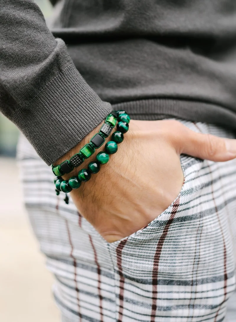 Lunnora Green Green Tiger Eye & Black Onyx Flat Beads Handmade Natural Stone Bead Bracelet – Bracelet for Men, Men’s Bracelet, Gifts for Men, Bracelets for Men – Adjustable One Size Fits All for Men | Best Price UAE