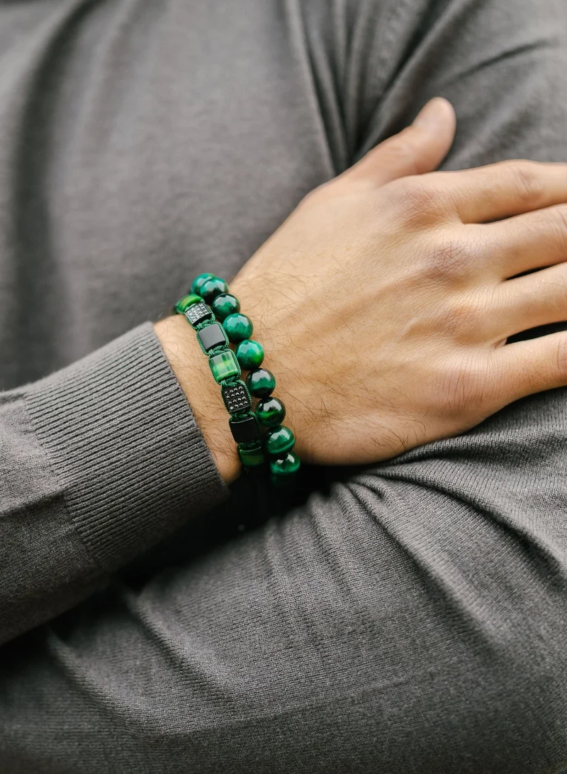Lunnora Green Green Tiger Eye & Black Onyx Flat Beads Handmade Natural Stone Bead Bracelet – Bracelet for Men, Men’s Bracelet, Gifts for Men, Bracelets for Men – Adjustable One Size Fits All for Men | Best Price UAE