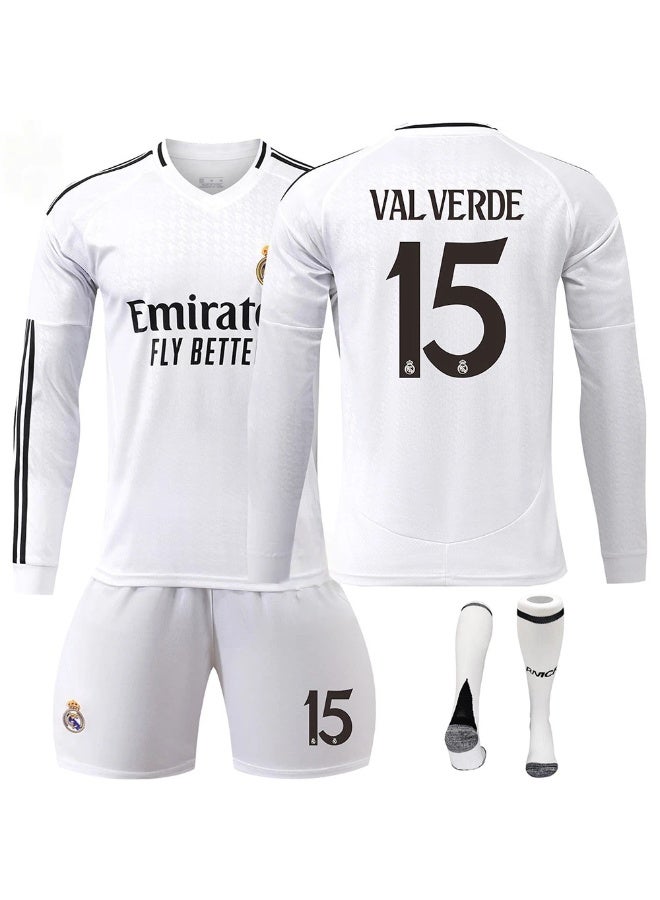 Real Madrid 2023-2024 Real Madrid long-sleeved football uniform #15 VALVERDE football jersey shorts socks set children's size and adult size gifts for fans and friends - Image 1
