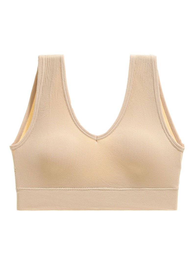 Loquat Women's Solid Color Seamless Wireless Bra Sports Fitness Bra With Elastic Wide Shoulder Straps Beige 