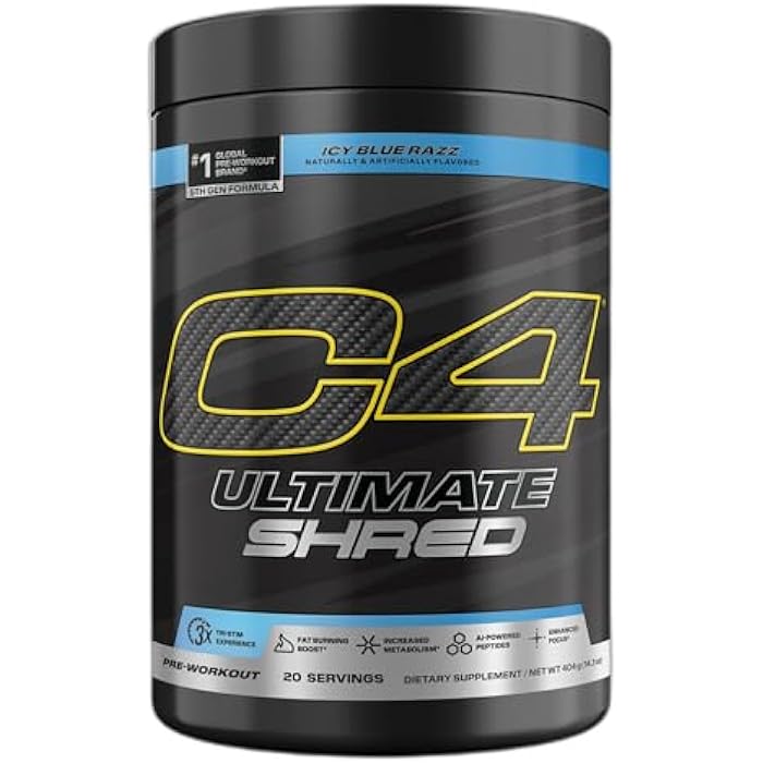 C4 Cellucor C4 Ultimate Shred Pre Workout Powder, Fat Burner for Men & Women, Weight Loss Supplement with Ginger Root Extract, Icy Blue Razz, 20 Servings - Image 1
