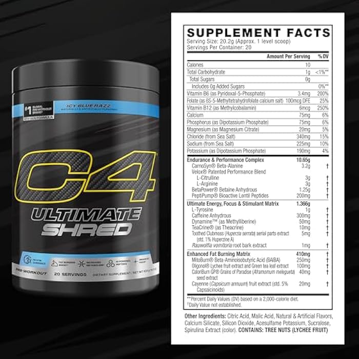 C4 Cellucor C4 Ultimate Shred Pre Workout Powder, Fat Burner for Men & Women, Weight Loss Supplement with Ginger Root Extract, Icy Blue Razz, 20 Servings - Image 3