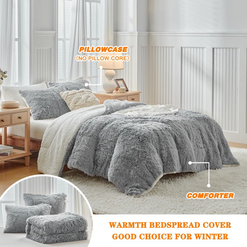 Uozzi Bedding Gray Faux Fur Comforter Set Full/Queen 3 Pieces - 1 Shaggy Comforter 90x90 and 2 Fur Pillowcases, Ultra Soft and Easy Care Sherpa Luxury Plush Super Warm Winter Shaggy Bedding Set - Image 4