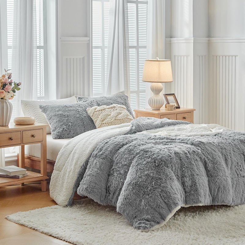 Uozzi Bedding Gray Faux Fur Comforter Set Full/Queen 3 Pieces - 1 Shaggy Comforter 90x90 and 2 Fur Pillowcases, Ultra Soft and Easy Care Sherpa Luxury Plush Super Warm Winter Shaggy Bedding Set - Image 1