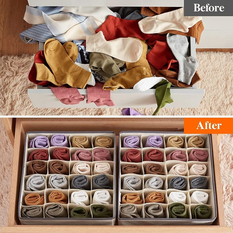 DIKPUL GROUP Fabric 24 Cell Sock Underwear Clothing Organizer Collapsible Drawer Divider Closet Cabinet Storage Wardrobe Organiser Storage Box CREAM - Image 3