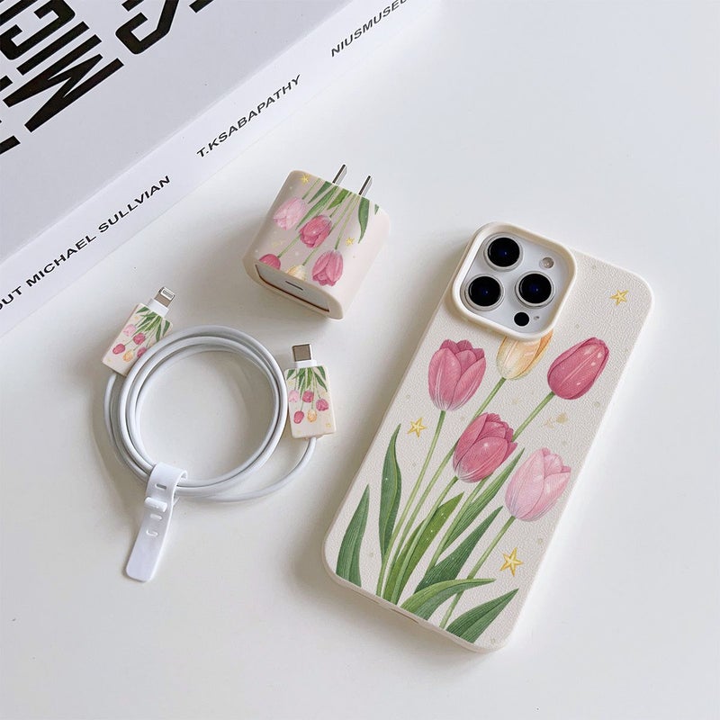 5 Pcs Beige Tulip Flower Star Pattern Phone Case Set With Charger Head Cover Cable Protector And Storage Strap TPU Anti Drop Protective Compatible With iPhone 14 Plus Mix Color - Image 1