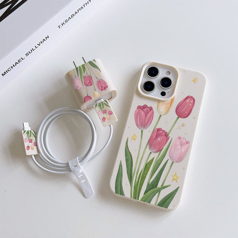 5 Pcs Beige Tulip Flower Star Pattern Phone Case Set With Charger Head Cover Cable Protector And Storage Strap TPU Anti Drop Protective Compatible With iPhone 14 Plus Mix Color - Image 4