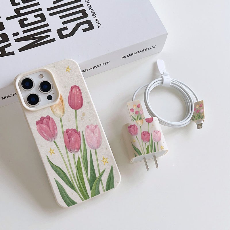 5 Pcs Beige Tulip Flower Star Pattern Phone Case Set With Charger Head Cover Cable Protector And Storage Strap TPU Anti Drop Protective Compatible With iPhone 14 Plus Mix Color - Image 2