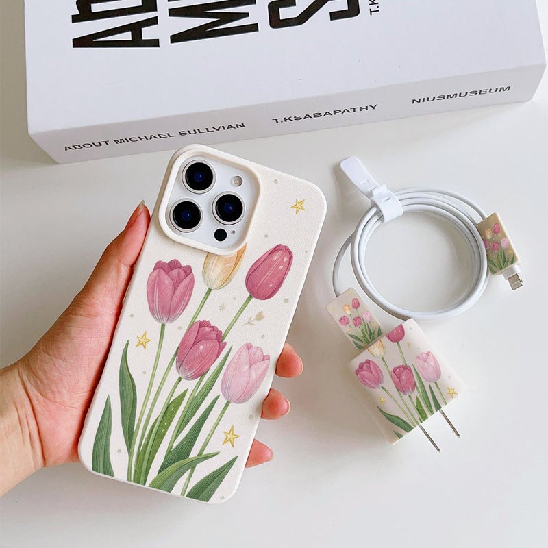 5 Pcs Beige Tulip Flower Star Pattern Phone Case Set With Charger Head Cover Cable Protector And Storage Strap TPU Anti Drop Protective Compatible With iPhone 14 Plus Mix Color - Image 3