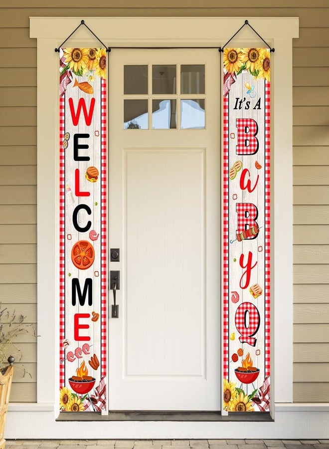Ticuenicoa BBQ Baby Shower Porch Sign Banner- 2pcs It's A Baby Q Banner with Sunflower Design Rustic Barbecue Welcome Sign for Gender Reveal & Picnic Party Supplies - Image 1