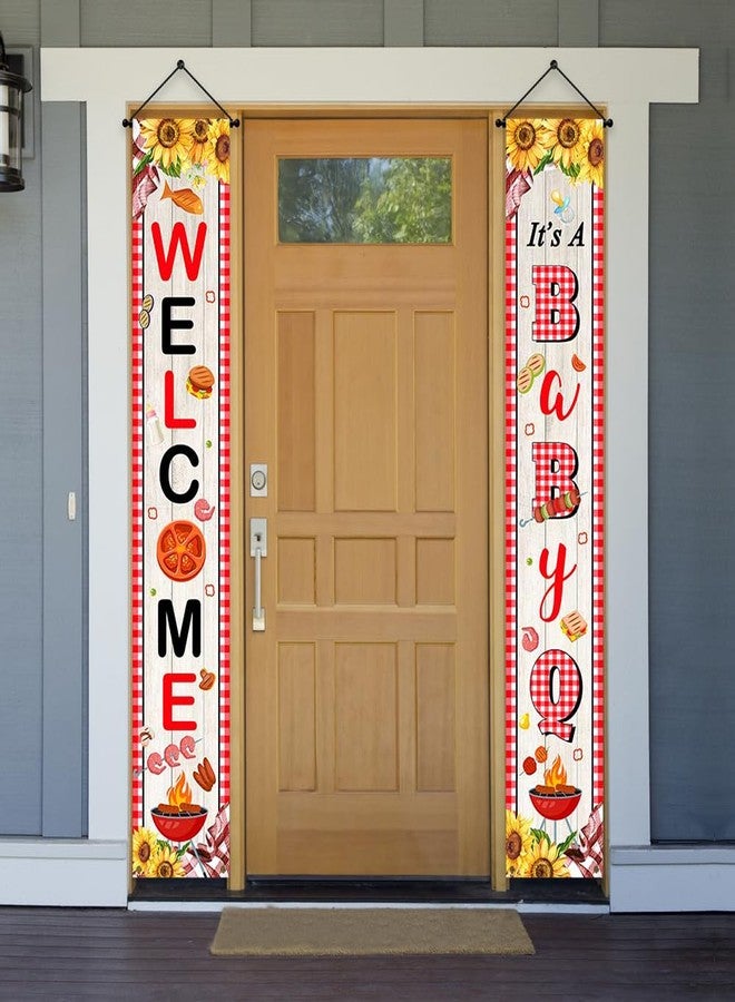 Ticuenicoa BBQ Baby Shower Porch Sign Banner- 2pcs It's A Baby Q Banner with Sunflower Design Rustic Barbecue Welcome Sign for Gender Reveal & Picnic Party Supplies - Image 2