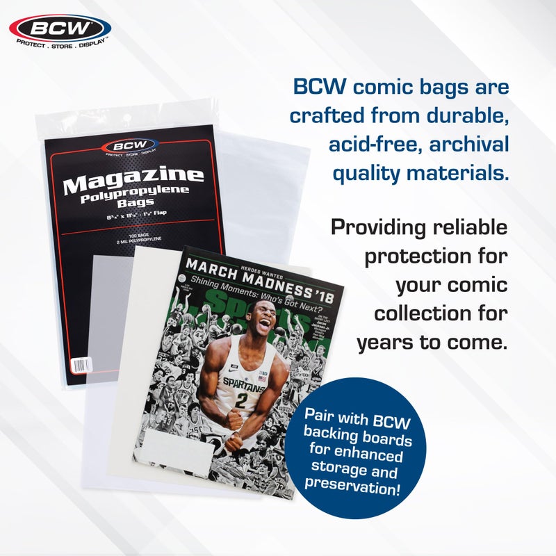 BCW Magazine Bags - 1 Pack of 100 | Acid-Free, Crystal Clear Polypropylene Sleeves for Archival-Quality Storage of Collectible Magazines | Protect and Showcase Your Valuable Comic Book Collection - Image 2