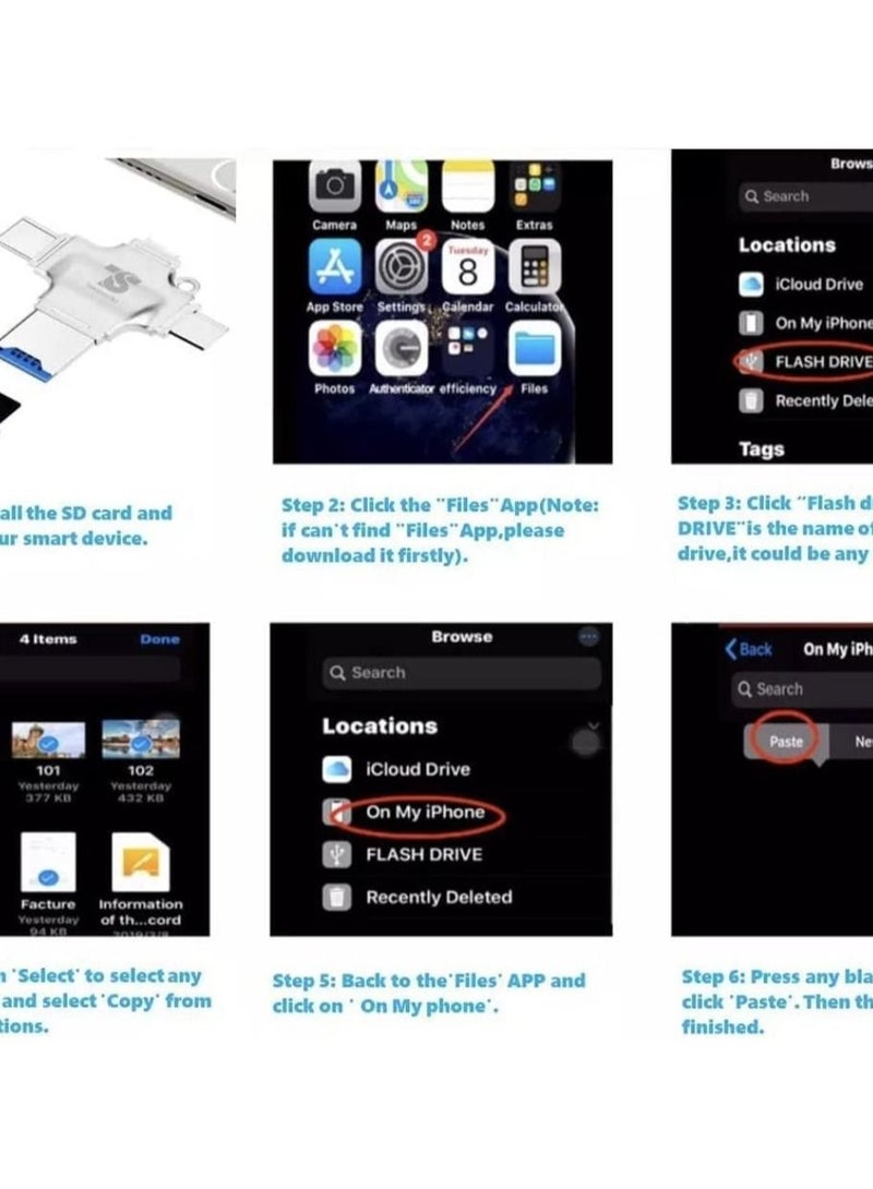 Captaintech 4 in 1 Mini Universal Portable OTG to USB Micro SD Multiple Memory Card Reader Adapter USB Card compatible with Lightning Micro Type C Reader for iOS, Android, Samsung, Tablets, iPhone, iPad, MacBook - Image 5