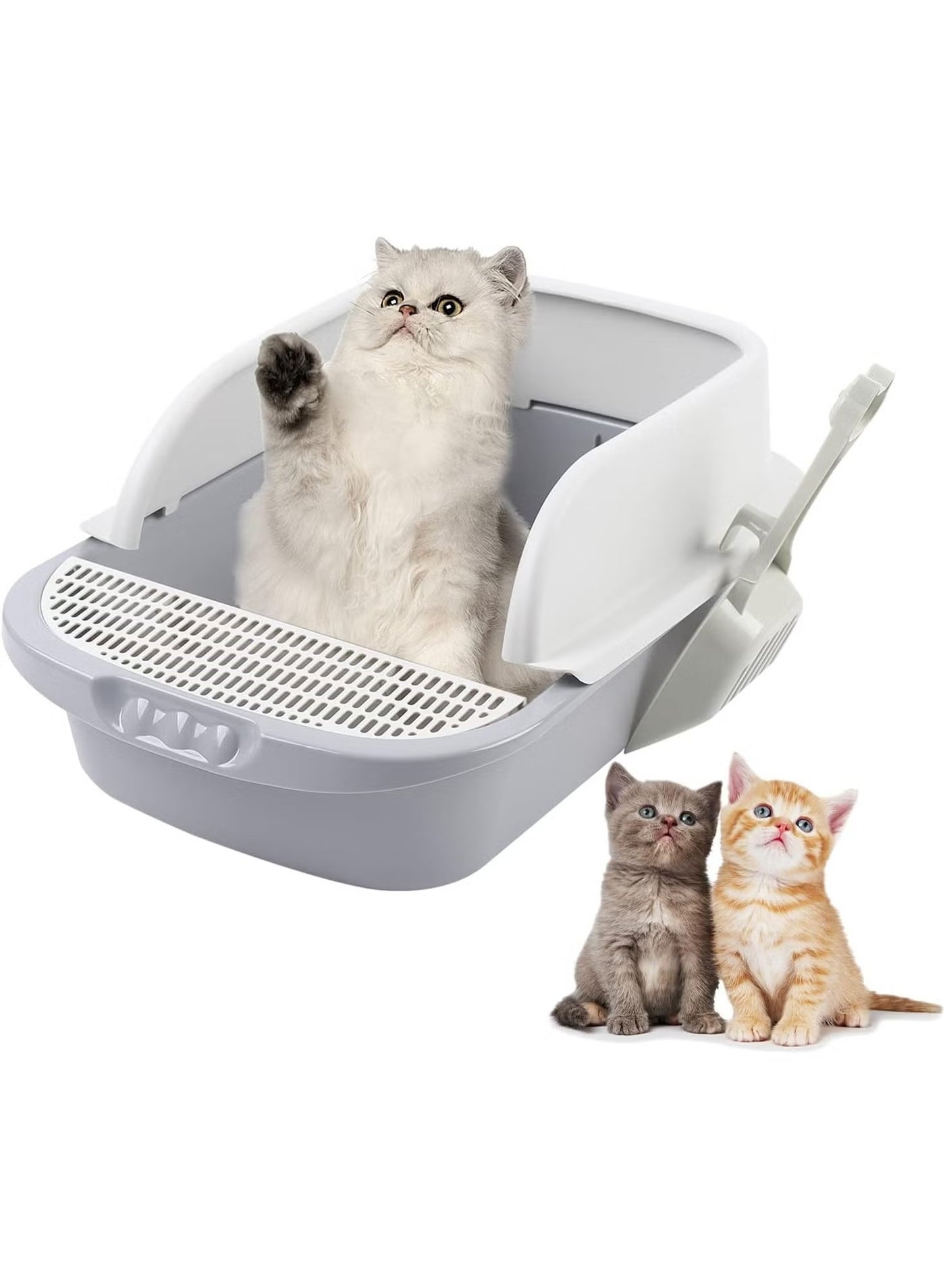 Open Cat Litter Tray with High Sides – Semi-Closed Large Plastic Cat Toilet with Scoop & Sanitary Container – Odor Control, Splash Prevention, Easy Clean Cat Box for Mess-Free Floors
