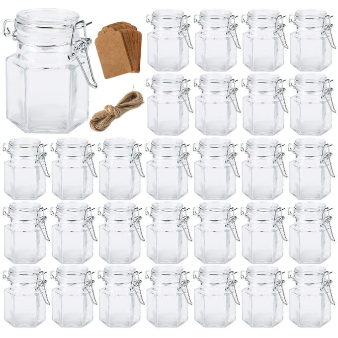 30 PACK HEXAGON GLASS JARS WITH AIRTIGHT HINGED LID 35OZ CLEAR SPICE JAR WITH LABEL HERB STORAGE JAR FOOD CONTAINER FOR HONEY JAMS SEED PARTY FAVORS ART CRAFT TAG HEMP ROPE INCLUDED