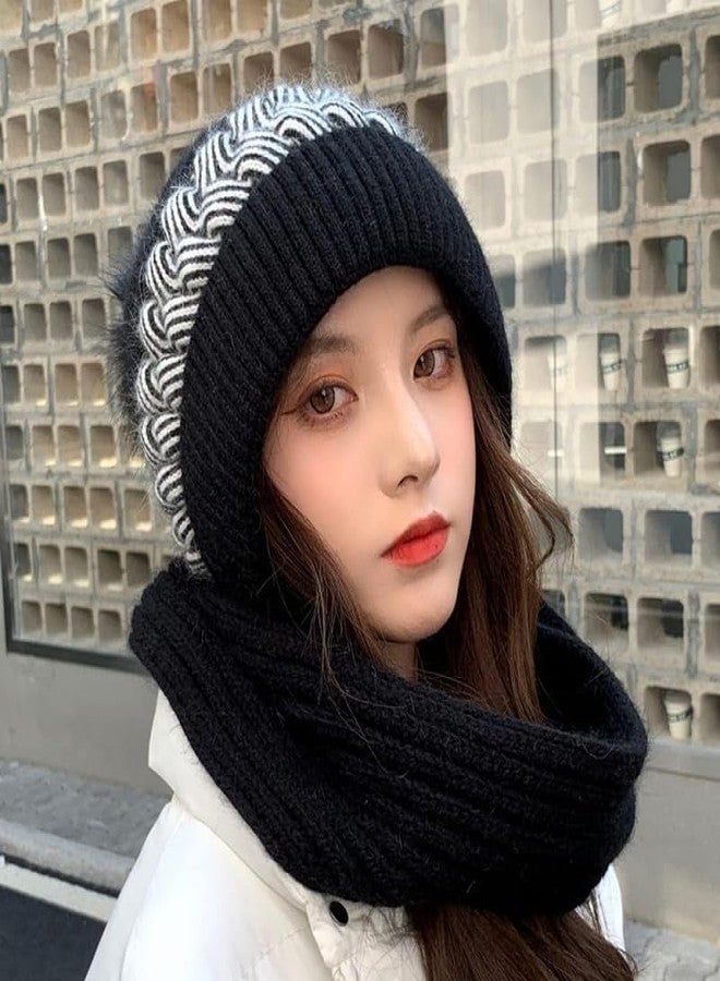 Malvina One-Piece Hat and Bib Cap, Ladies Hat, Female Korean Version Plus Velvet Warm Woolen Cap, Knitted Hooded Scarf with Ear Protection Black - Image 4