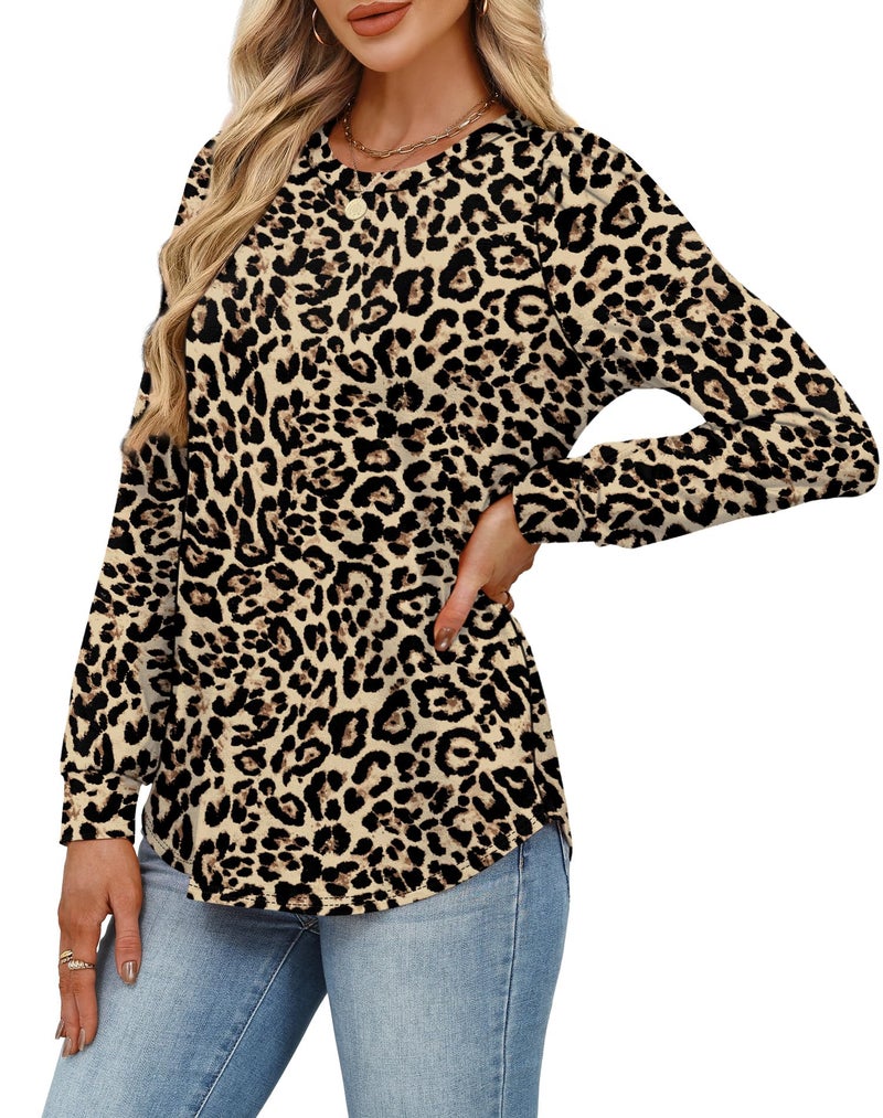 Alaroo Cheetah Print Top Long Sleeve Shirts Womens Fall Fashion 2025 Basic Tunic Crewneck Sweatshirts Boho Clothes Print 7 M - Image 4