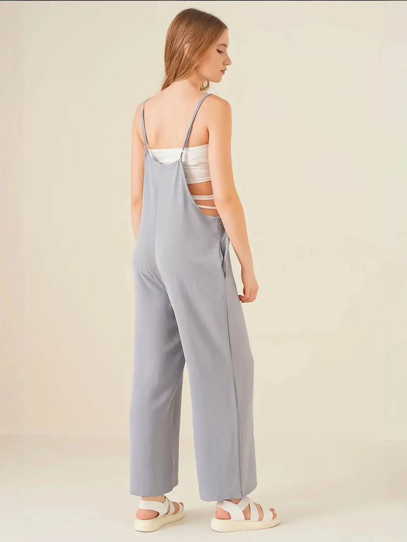 Big Dart Grey BDART Relaxed Fit Wide Leg Jumpsuit with Square Collar for Women | Best Price UAE