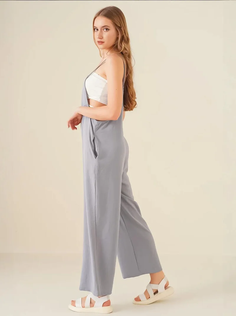 Big Dart Grey BDART Relaxed Fit Wide Leg Jumpsuit with Square Collar for Women | Best Price UAE