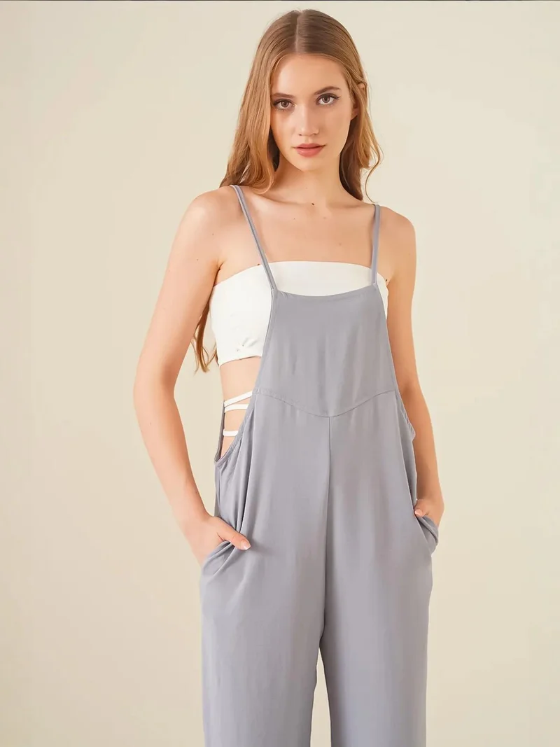 Big Dart Grey BDART Relaxed Fit Wide Leg Jumpsuit with Square Collar for Women | Best Price UAE