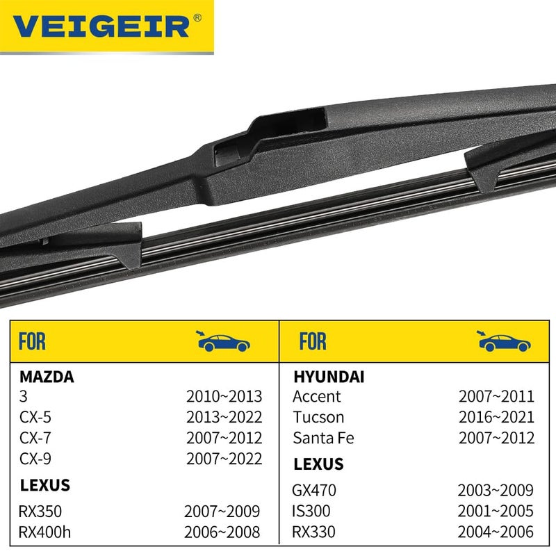 VEIGEIR 14" Rear Wiper Blade Compatible with Mazda 3 2010-2013,CX-5 2013-2022,CX-7 2007-2012,CX-9 2007-2022,Lexus GX470 2003-2009,IS300 2001-2005,RX330 2004-2006 Back Window Wiper blades 14-A - Image 3