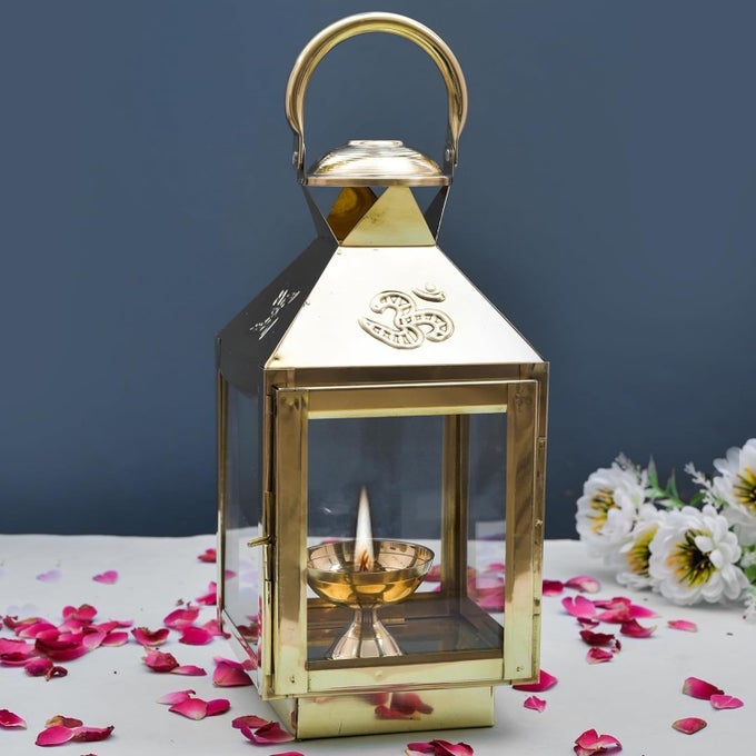 HANDICRAFT AKHAND DIYA WITH GLASS COVER BRASS AKHAND DIYA FOR HOME TEMPLE PUJA HANGING TABLE LANTERN FOR HOMEDECORLARGE