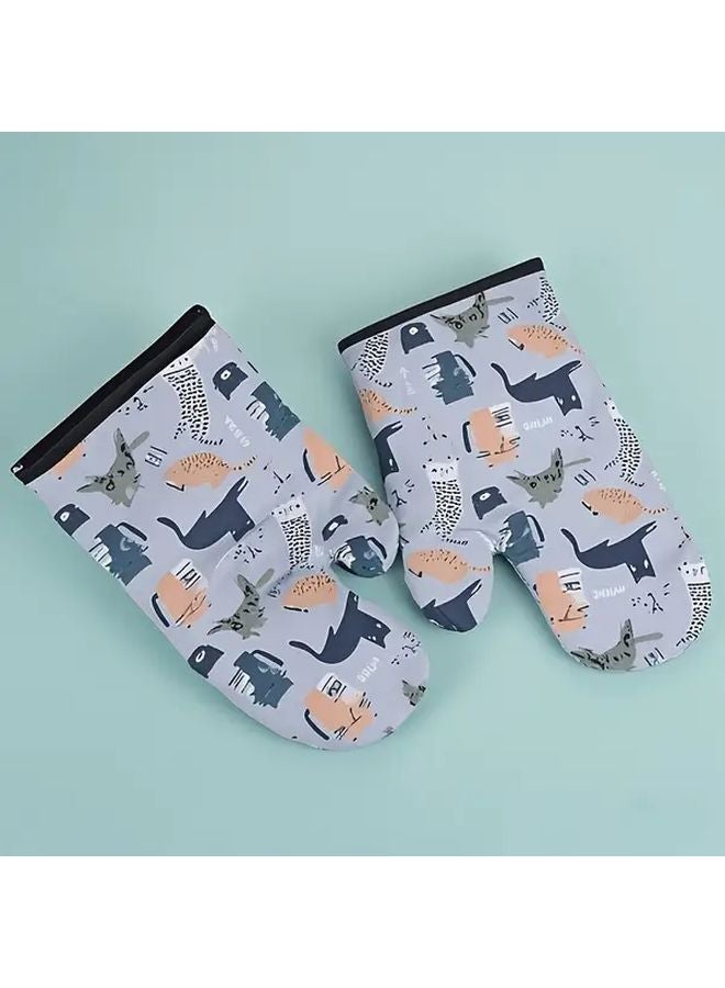 Cute Cat Pattern Non Slip Kitchen Gloves Dishwasher Safe Polyester 1 Set - Image 1