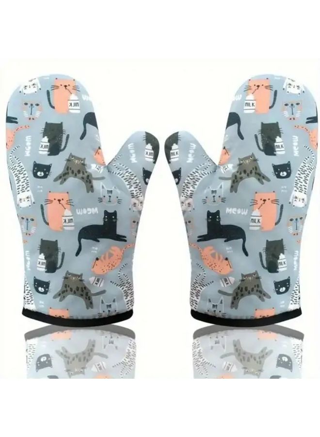 Cute Cat Pattern Non Slip Kitchen Gloves Dishwasher Safe Polyester 1 Set - Image 3