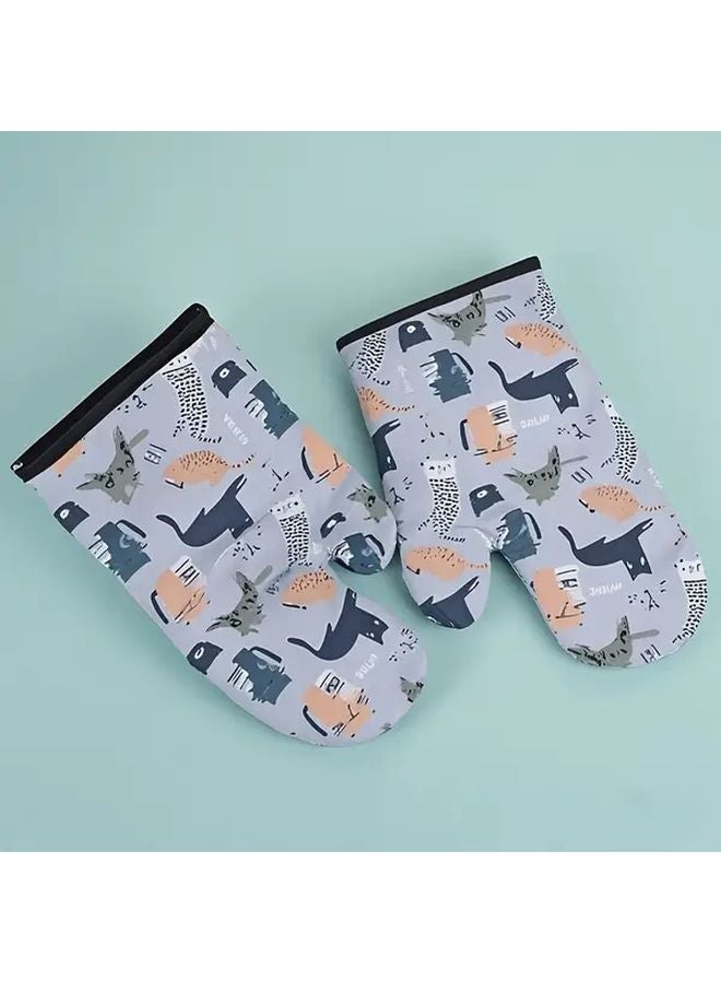 Cute Cat Pattern Non Slip Kitchen Gloves Dishwasher Safe Polyester 1 Set - Image 2