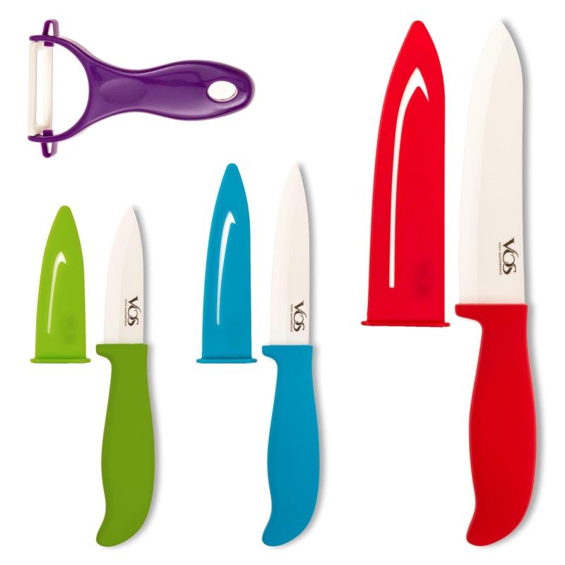 Vos Ceramic Knife Set 4 Pcs Ceramic Knives Set For Kitchen Kitchen Knives With Peeler Paring Knife 3 4 6 Inch MultiColor Red Blue Green Purple