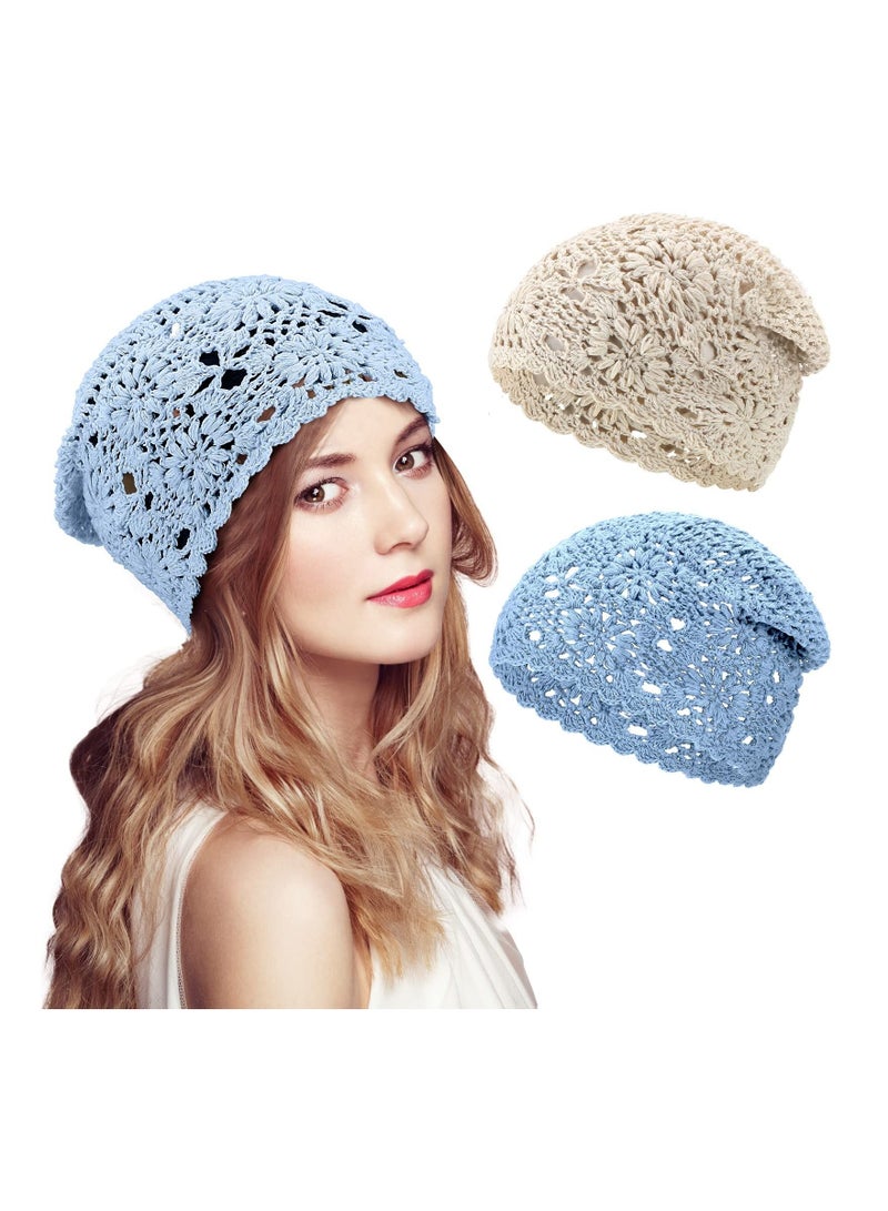 Y&D 2 Pieces Floral Crochet Slouchy Beanie Hat Handmade Knit Cutout Women Skull Cap Stretchy Knitted for - Image 1