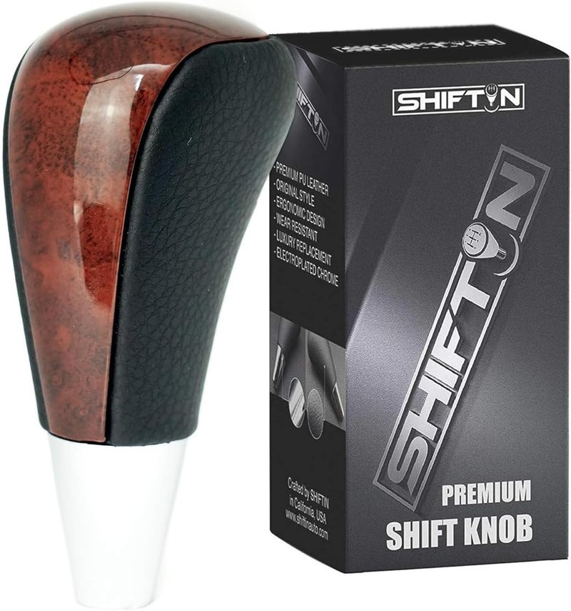 SHIFTIN Leather Wood Gear Shift Knob for Toyota Avalon Yaris 4Runner Land Cruiser Sienna Camry Solara Tacoma and Lexus ES300 ES330 GS300 GS400 GS430 SC (Black Leather/Brown Walnut) - Image 1