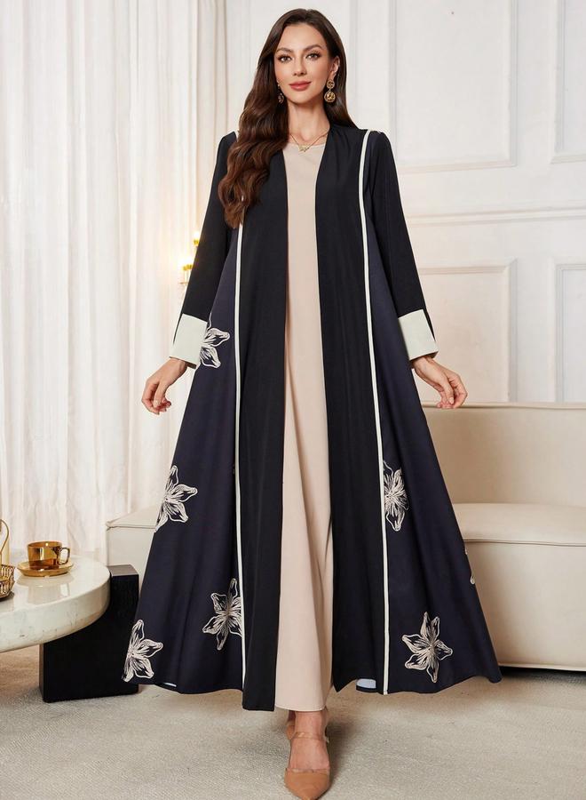 Take Two Black Floral Print Open Front Abaya - Image 1