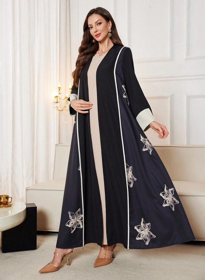 Take Two Black Floral Print Open Front Abaya - Image 4