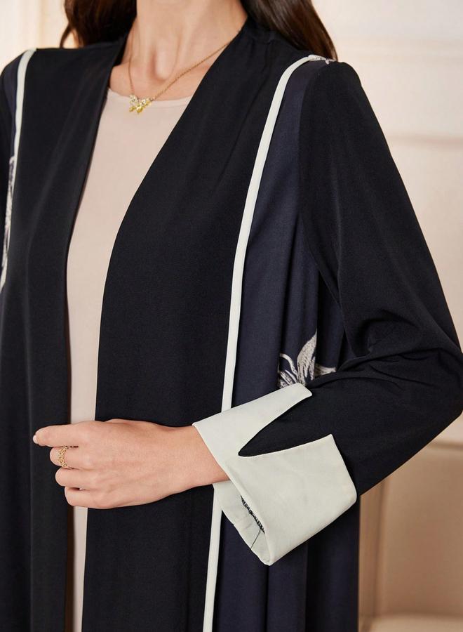 Take Two Black Floral Print Open Front Abaya - Image 2