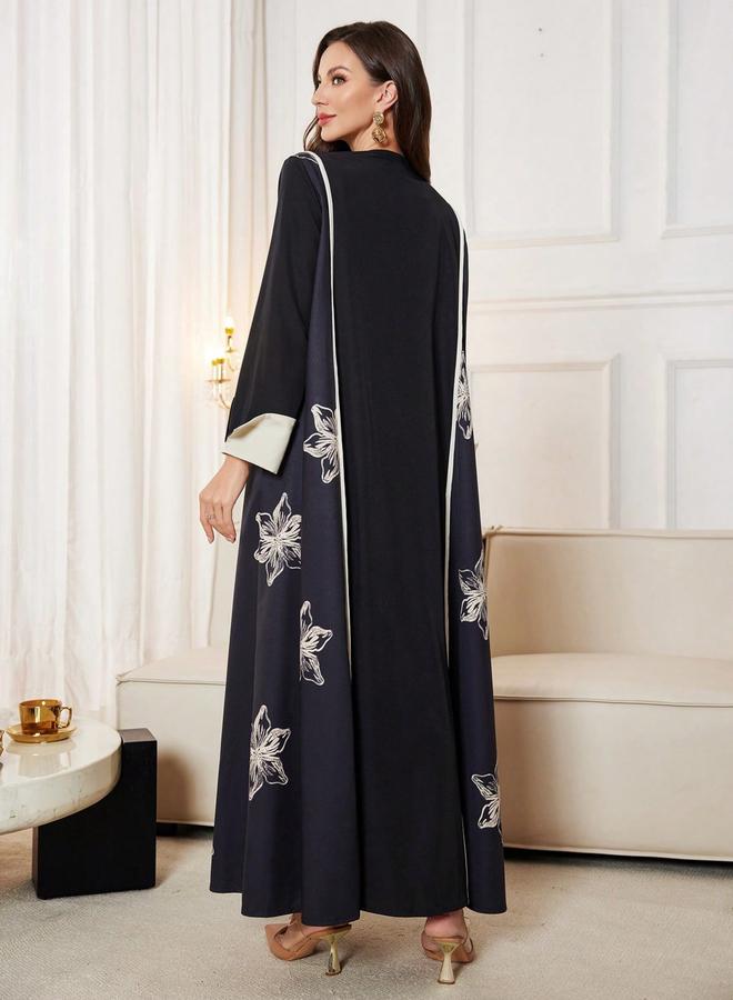 Take Two Black Floral Print Open Front Abaya - Image 3