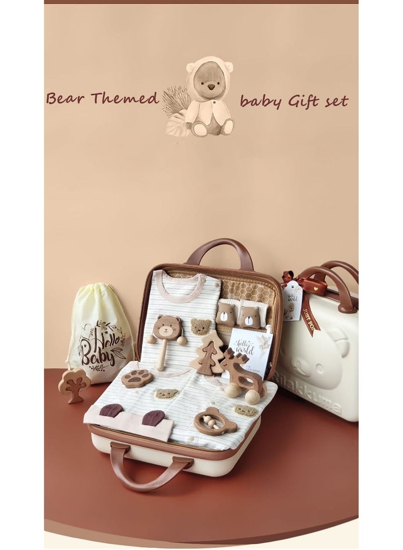 Baby Giftset for Newborn With Rompers and Wooden Toys in Cute Suitcase in Bear Theme for Girls and Boys - Image 2