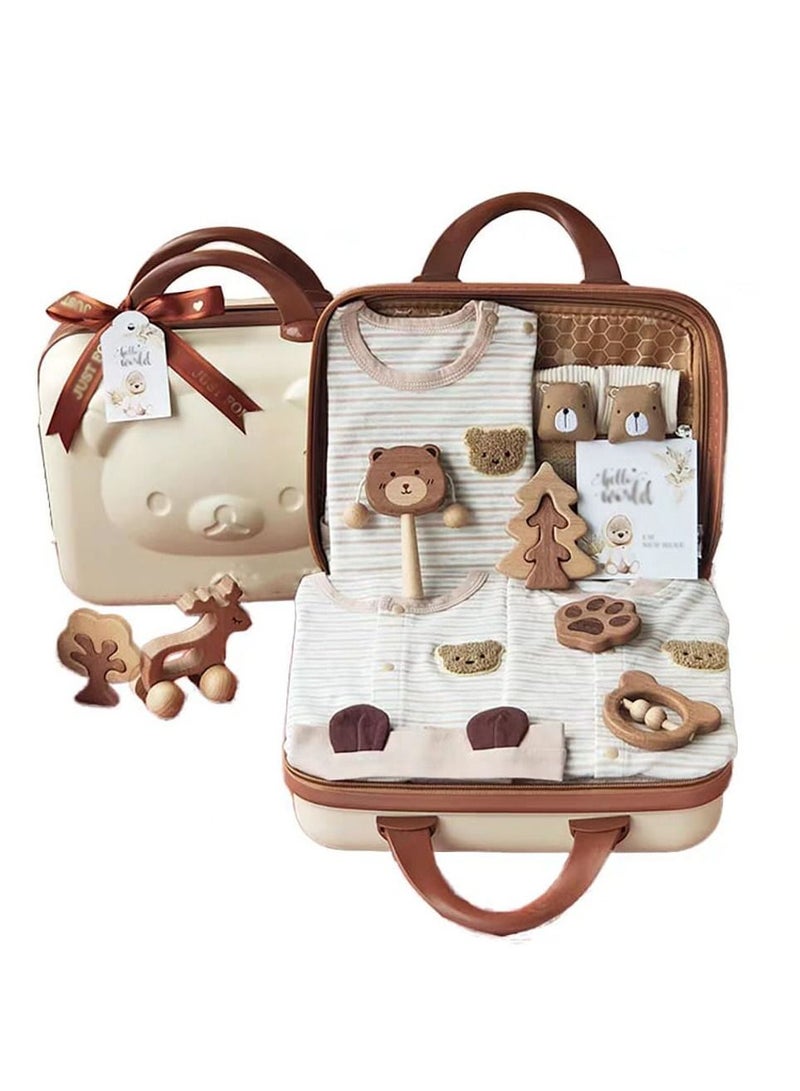 Baby Giftset for Newborn With Rompers and Wooden Toys in Cute Suitcase in Bear Theme for Girls and Boys - Image 1